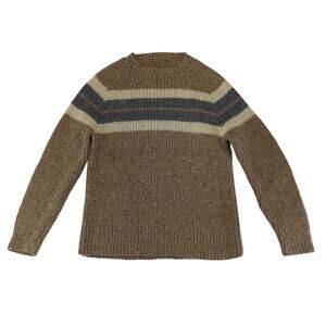 100% Wool Crewneck Sweater Knit Men's Size Large Brown Gray Stripe Grandpa